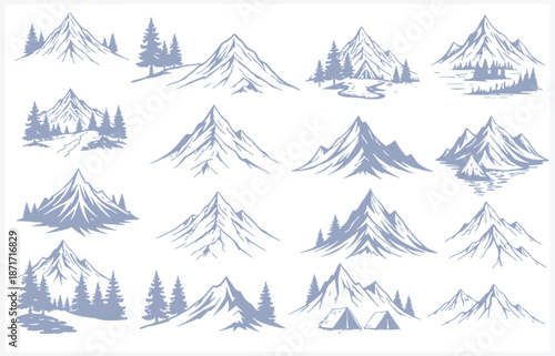 Collection of various mountain landscapes with snow and trees