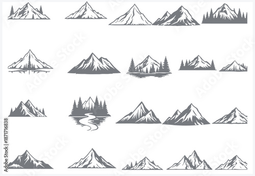 Collection of various mountain range illustrations in different styles