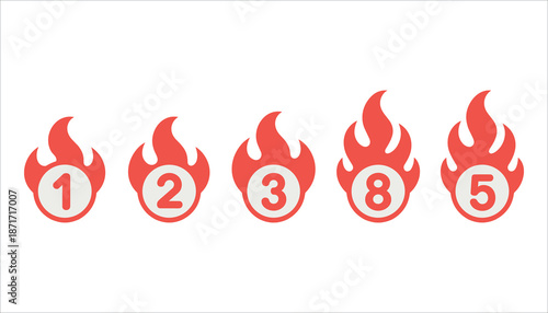 Five red flame with numbers ranking rating red flames numbered flames ranking rating symbols fire numbered fire ranking rating system