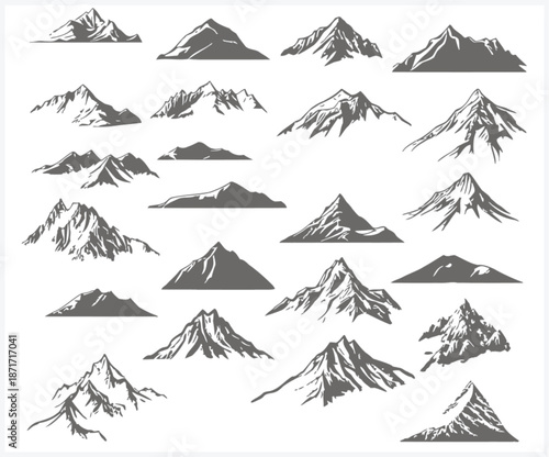Scenic Mountain Landscape Silhouette with Forest and Lakes in Monochrome Design