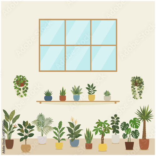 窓辺に並ぶ観葉植物のインテリア背景｜Houseplants by the Window Interior Illustration Background