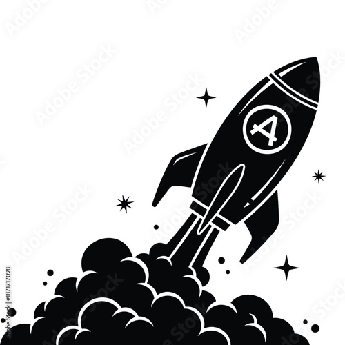 rocket ship taking off with smoke and stars