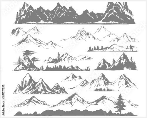 Mountain range landscape illustrations in monochrome