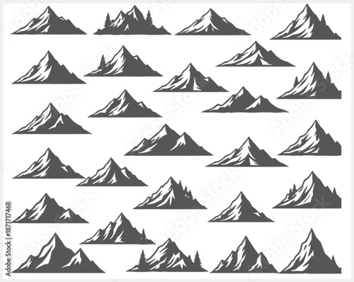 Multiple mountain peaks in various sizes and orientations