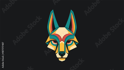 Geometric wolf head illustration with vibrant colors and artistic design on a dark background.