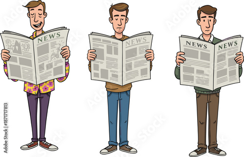 Cartoon men reading newspapers standing with different expressions, vector illustration of people holding news journal, media communication lifestyle concept designCartoon men