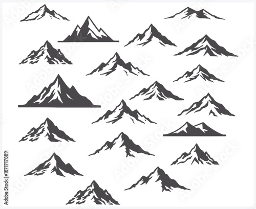 Collection of various mountain silhouettes in different shapes and sizes
