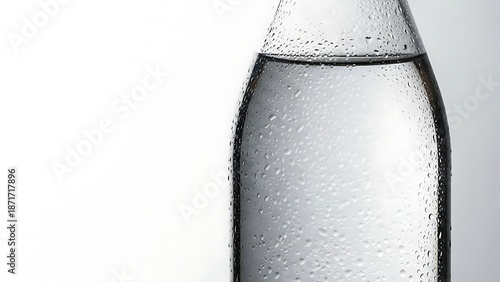 Close up of a clear glass bottle filled with a pure liquid and condensation droplets