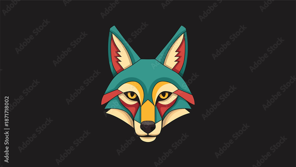 Obraz premium Geometric wolf head illustration with vibrant colors and intricate details on black background.