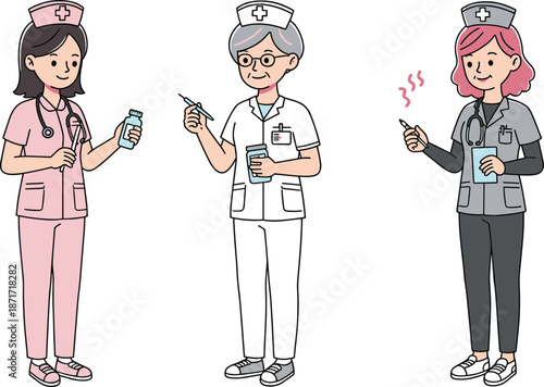 Cartoon nurses in uniform holding medicine and syringe, healthcare professionals illustration for medical vector design, hospital staff, doctor assistant charactersCartoon nurses in uniform 