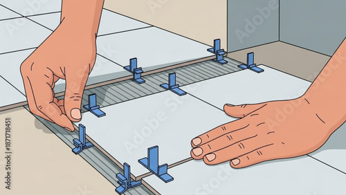 Floor Tile Installation Process with Spacers Vector Illustration