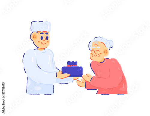 Illustration of a man giving zakat to a grandmother. Giving aid, alms, donation. Carrying a package of rice or food. Wearing a koko shirt and kopia. Muslim character, funny, cute, and adorable. Flat 
