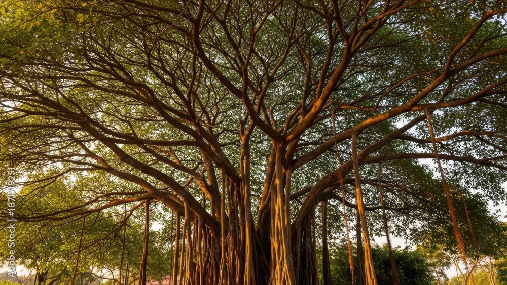 Obraz premium Majestic Banyan Tree with Aerial Roots and Lush Green Canopy at Sunset
