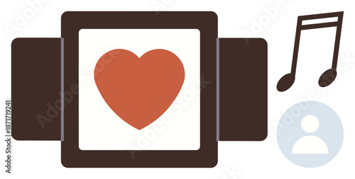 Music, social media, streaming, user interaction, heartwarming content, connection. A heart icon in focus with music notes and a user symbol. Music and social media concept