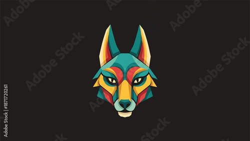 Colorful geometric wolf head illustration on a dark background, vibrant design.