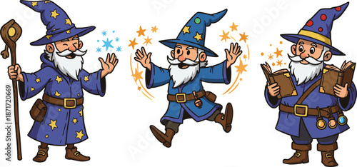 Cartoon wizards in blue robes casting magical spells with staffs, books, and potions in fantasy vector illustration with spark effectsCartoon wizards in blue robes casting magical spells with staffs