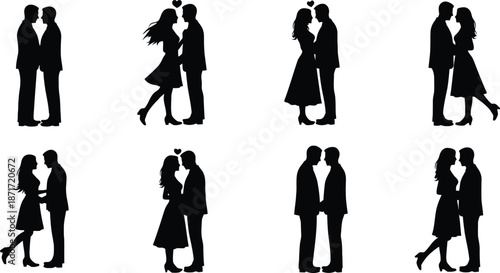 Collection of romantic couple silhouettes in various poses and outfits.