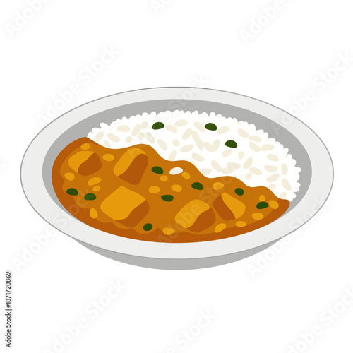 Delicious curry dish with rice and peas.