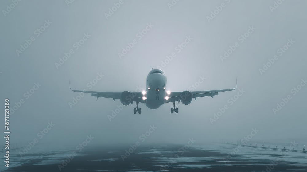 Naklejka premium Aircraft landing in dense fog airport runway aviation photo atmospheric conditions front view aviation safety