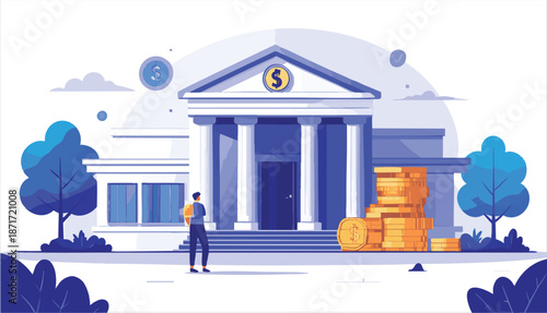 vector Bank Building with Dollar Sign and Coins