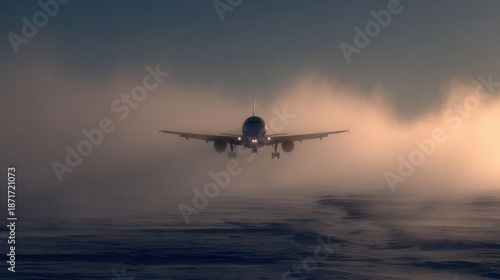 Aircraft landing in foggy conditions airport runway action shot atmospheric setting low angle view aviation safety awareness