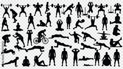 collection of black silhouettes of people exercising and working out