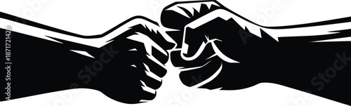 Two fists bumping in a black and white graphic illustration symbolizing agreement partnership and success isolated on white background