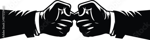 Two fists bumping in a gesture of agreement and teamwork black and white vector illustration for business concepts isolated on white background