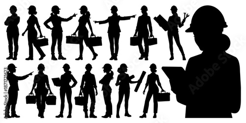 Female Construction Worker and Engineers Silhouettes in Various Professional Poses on Transparent Background