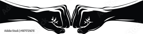 Two black fists bumping in a gesture of greeting or agreement isolated on white background representing unity and partnership