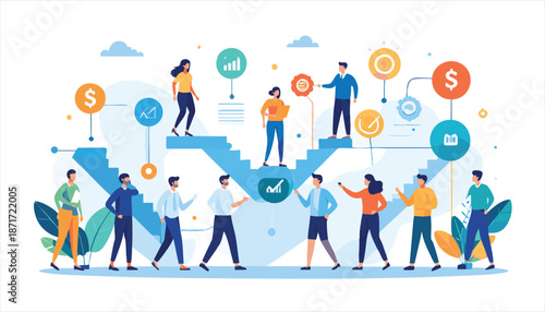 vector Business People Moving Upwards on Staircase