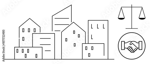 Business law symbol. Scales of justice and handshake alongside a cityscape highlight the role of business law. Business law ensures fair agreements and governance. For law firms, corporate ethics