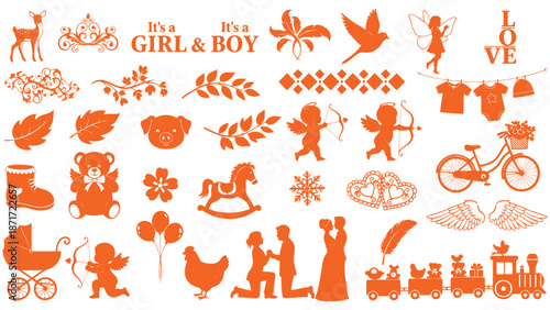 orange silhouettes of baby and love icons