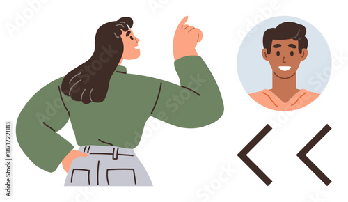 Online profiles, relationship dynamics, navigation tools, interpersonal communication, digital platforms, user selection. Woman pointing at a person in a circle with arrows. Online profiles