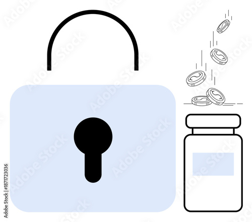 Financial security, savings, data protection, cybersecurity, money management, digital safety. A padlock beside a jar with coins. Financial security and savings ion