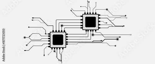 Black and white technology illustration background featuring microchips and connected circuit lines, suitable for modern digital concepts for electronics, computing and innovation themes.