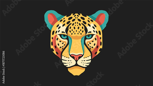 Colorful leopard head illustration with vibrant details and striking eyes, artistic design.