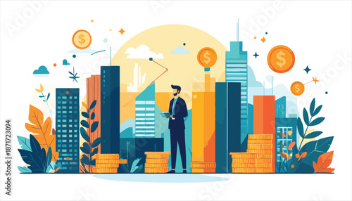 vector Businessman standing near cityscape with coins
