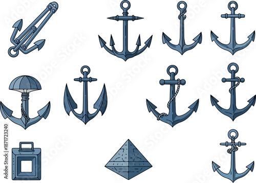 Set of Stylized Blue Anchors for Nautical Designs and Maritime Themes