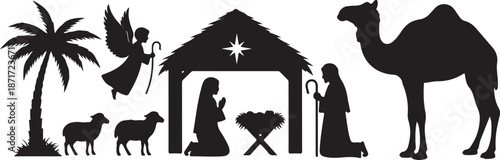Black silhouette nativity scene with camel and angel