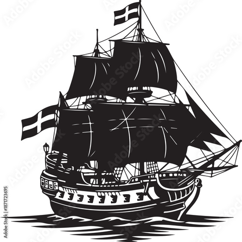 Black silhouette of a sailing ship on waves black and white