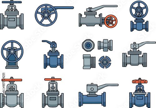 Collection of Various Industrial Water Valves in Detailed Illustration