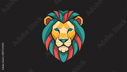 Colorful lion head illustration with vibrant geometric design and artistic flair.