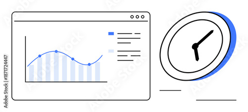 Data analysis, business planning, productivity, time tracking, performance metrics, project management. A chart with graph lines and a clock. Data analysis and productivity concept
