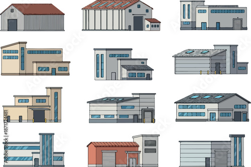 Variety of Industrial Buildings and Factories Illustration