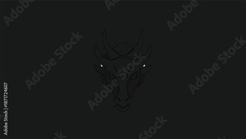 Silhouette of a wolfs face with glowing eyes in the dark night.