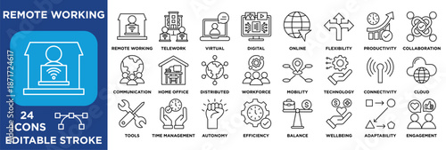 Remote working icon set featuring virtual collaboration, telework, online productivity, flexibility, connectivity, digital tools, and work-life balance concepts. vector lineal