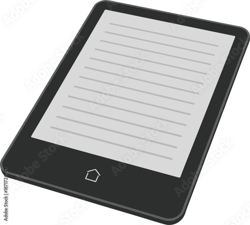 Black e-reader with gray screen and lines on white background