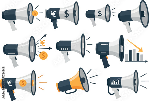 Megaphone Marketing Financial Announcements with Currency Symbols