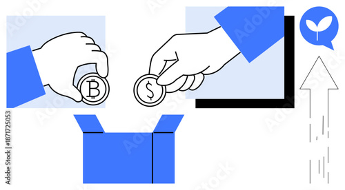 Finance, cryptocurrency exchange, investments, digital wallet, crowdfunding, sustainability. Two hands depositing Bitcoin and Dollar coins into a box. Finance and cryptocurrency exchange concept